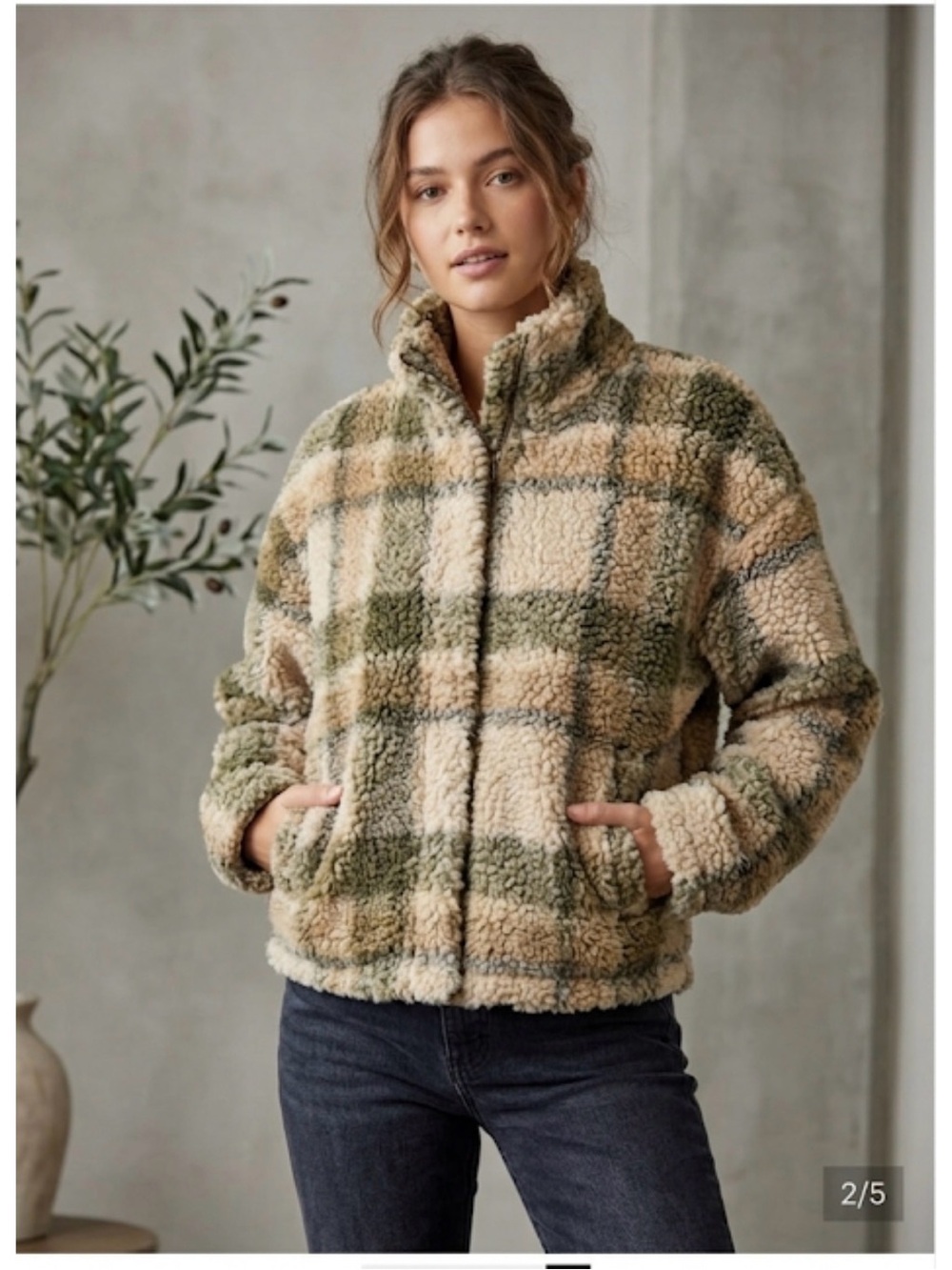 Thread & Supply Women Plaid Sherpa Jacket in Beige and Olive